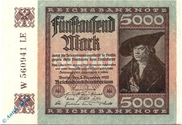 Reichsbanknote , 5.000 Schein , Wz Dornen , DEU-91 a , Rosenberg 80 , P 81 , vom 02.12.1922 , Weimarer Republik