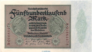 Reichsbanknote , 500.000 Mark Schein in kfr. DEU-99.d, Ros.87, P.88 , vom 01.05.1923 , Weimarer Republik - Inflation