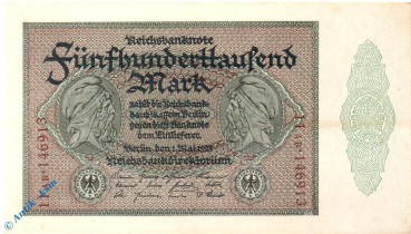 Reichsbanknote , 500.000 Mark Schein kfr , DEU-99 e , Rosenberg 87 , P 88 , vom 01.05.1923 , Nachkriegszeit und InflationReichsbanknote , 500.000 Mark Schein kfr , DEU-99 e , Rosenberg 87 , P 88 , vom 01.05.1923 , Nachkriegszeit und Inflation