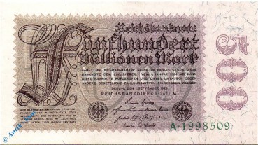 Reichsbanknote , 500 Millionen Mark in kfr. DEU-124 a , Ros.109 , P.110, vom 01.09.1923 , Weimarer Republik - Inflation