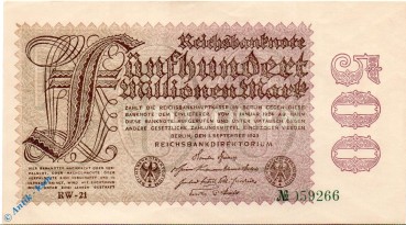 Reichsbanknote , 500 Millionen Mark , Wz Hakensterne , DEU-125 h , Rosenberg 109 , P 110 , vom 01.09.1923 , Nachkriegszeit und Inflation