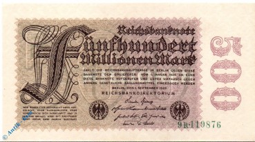 Reichsbanknote , 500 Millionen Mark , Wz Kreuzblüten , DEU-125 a , Rosenberg 109 , P 110 , vom 01.09.1923 , Nachkriegszeit und Inflation