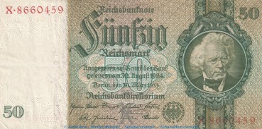 Reichsbanknote , 50 Mark Schein -X1- in gbr. DEU-210.a, Ros.175, P.182 , vom 30.03.1933 , deutsches Reich - Reichsbank