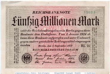 Reichsbanknote , 50 Millionen Mark Schein in gbr. KN = 5 stellig , DEU-123.g , Ros.108 , P.109 , 01.09.1923 , Inflation