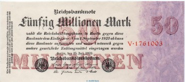 Reichsbanknote , 50 Millionen Mark Schein in kfr. DEU-109.a, Ros.97, P.98, vom 25.07.1923 , Inflation