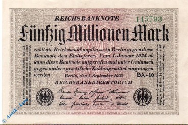Reichsbanknote , 50 Millionen Mark in kfr. Ringe , DEU-123 b , Ros.108 , P.109 , vom 01.9.1923 , Weimarer Republik , Inflation