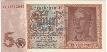 Reichsbanknote , 5 Mark Schein , DEU-220 b , Rosenberg 179 , P 186 , vom 01.08.1942 , Reichbank drittes Reich
