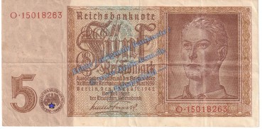 Reichsbanknote , 5 Mark Schein in gbr. DEU-220.b, Ros.179, P.186 , vom 01.08.1942 , 3. Reich - Reichsbank