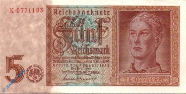 Reichsbanknote , 5 Mark Schein Kn 7-stellig , DEU-220 a , Rosenberg 179 , P 186 , 01.08.1942 , Drittes Reich