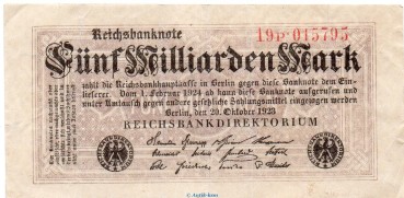 Reichsbanknote , 5 Milliarden Mark Schein in gbr. DEU-145.d, Ros.120, P.123 , vom 20.10.1923 , Weimarer Republik - Inflation