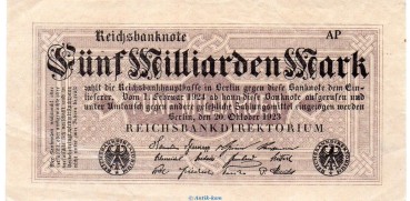 Reichsbanknote , 5 Milliarden Mark Schein in l-gbr. DEU-145.e, Ros.120, P.123 , vom 20.10.1923 , Weimarer Republik - Inflation