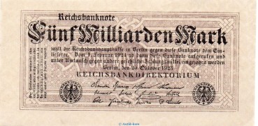 Reichsbanknote , 5 Milliarden Mark Schein in L-gbr. DEU-145.f, Ros.120, P.123 , vom 20.10.1923 , Weimarer Republik - Inflation
