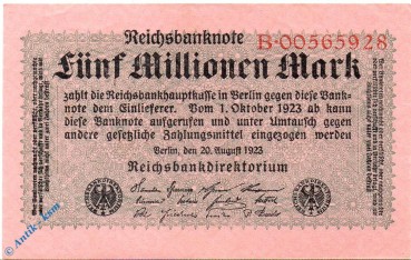 Reichsbanknote , 5 Million Mark Schein , Reichsdruck , DEU-117 a , Rosenberg 104 , P 105 , vom 20.08.1923 , Weimarer Republik