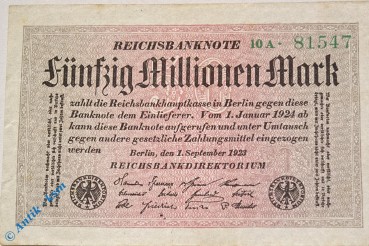 Reichsbanknote über 50 Millionen Mark , Rosenberg 108 A , Kennummer 5-stellig , Banknote vom 01.09.1923