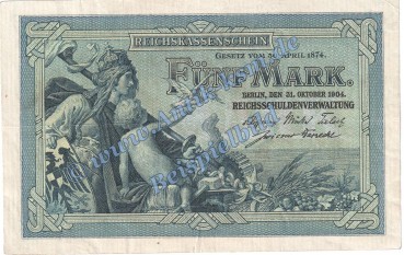 Reichskassenschein , 5 Mark Schein in gbr. DEU-52, Ros.22, P.8 von 1904 , deutsches Kaiserreich