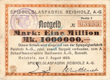 Reisholz , Banknote 1 Million Mark Schein gbr. Keller 4510.a , Rheinland 1923 Inflation