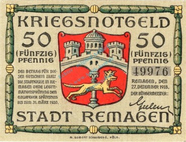 Preview: Remagen , Notgeld 50 Pfennig Schein unc-kfr. Ti.6015.10.02 , Rheinland 1918 Verkehrsausgabe