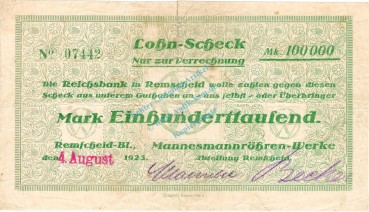 Remscheid , Banknote 100.000 Mark Scheck gbr-. Keller 4533.b , Rheinland 1923 Inflation