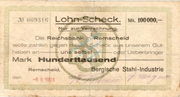 Remscheid , Banknote 100.000 Mark Scheck gbr. Keller 4520.k , Rheinland 1923 Inflation