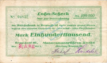 Remscheid , Banknote 100.000 Mark Scheck gbr. Keller 4533.a , Rheinland 1923 Inflation