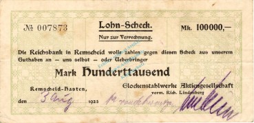 Remscheid , Banknote 100.000 Mark Scheck gbr. Keller 4535... Rheinland 1923 Inflation