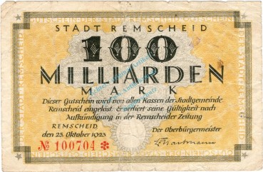 Remscheid , Banknote 100 Milliarden Mark Schein gbr-. Keller 4515.h , Rheinland 1923 Inflation