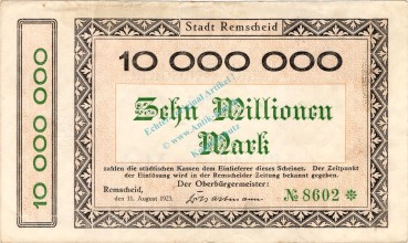 Remscheid , Banknote 10 Millionen Mark Schein gbr. Keller 4515.e , Rheinland 1923 Inflation
