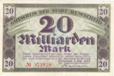 Remscheid , Banknote 20 Milliarden Mark Schein L-gbr. Keller 4515.c , Rheinland 1923 Inflation