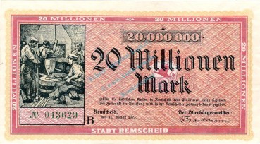 Remscheid , Banknote 20 Millionen Mark Schein gbr. Keller 4515.d , Rheinland 1923 Inflation