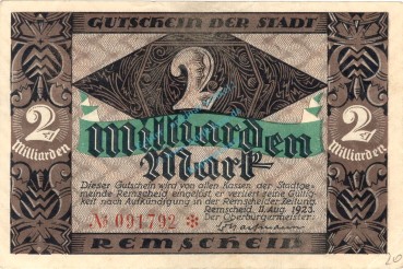 Remscheid , Banknote 2 Milliarden Mark Schein gbr. Keller 4515.b , Rheinland 1923 Inflation