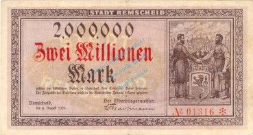 Remscheid , Banknote 2 Millionen Mark Schein gbr. Keller 4515.c , Rheinland 1923 Inflation