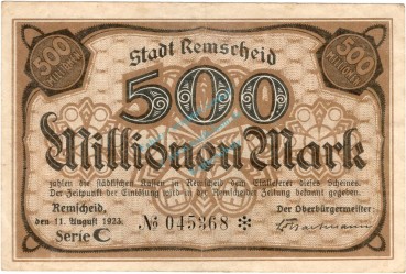 Remscheid , Banknote 500 Millionen Mark Schein gbr. Keller 4515.e , Rheinland 1923 Inflation