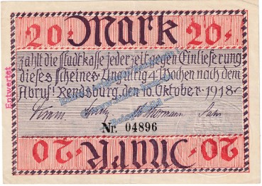 Rendsburg , Banknote 20 Mark Schein in gbr.E , Geiger 447.03 , Schleswig 1918 Grossnotgeld