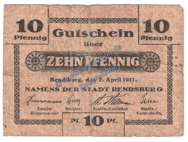 Rendsburg , Notgeld 10 Pfennig Schein in gbr. Tieste 6025.05.01 , Schleswig Holstein 1917 Verkehrsausgabe