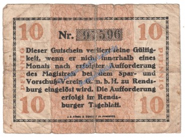 Preview: Rendsburg , Notgeld 10 Pfennig Schein in gbr. Tieste 6025.05.01 , Schleswig Holstein 1917 Verkehrsausgabe