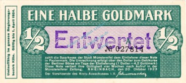 Rheinbach , Banknote 1 halbe Gold Mark Schein unc-kfr.E Müller 4195.1 , Rheinland 1923 Wertbeständig