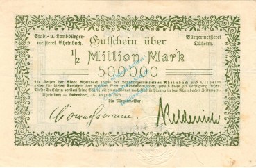 Rheinbach , Banknote 1 halbe Million Mark Schein L-gbr. Keller 4551.a , Rheinland 1923 Inflation