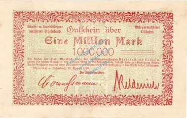 Rheinbach , Banknote 1 Million Mark Schein L-gbr. Keller 4551.a , Rheinland 1923 Inflation
