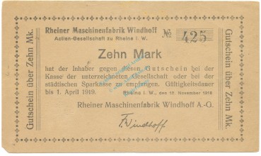 Rheine , Banknote 10 Mark Schein gbr.-Stpl- Geiger 449.03 , NRW 1918 Grossnotgeld