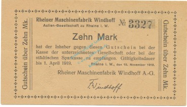 Rheine , Banknote 10 Mark Schein L-gbr. Geiger 449.03 , NRW 1918 Grossnotgeld