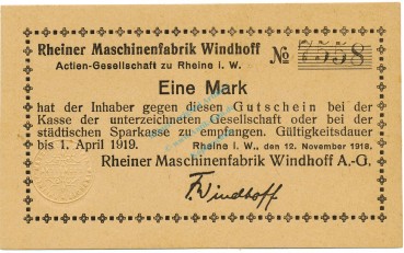Rheine , Banknote 1 Mark Schein unc-kfr. Geiger 449.01 , NRW 1918 Grossnotgeld