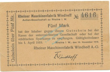 Rheine , Banknote 5 Mark Schein gbr.-Stpl- Geiger 449.02 , NRW 1918 Grossnotgeld