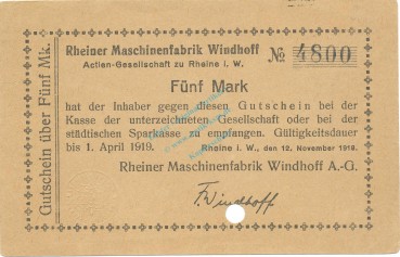 Rheine , Banknote 5 Mark Schein unc-kfr.E Geiger 449.02 , NRW 1918 Grossnotgeld