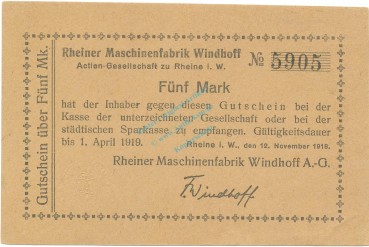 Rheine , Banknote 5 Mark Schein unc-kfr. Geiger 449.02 , NRW 1918 Grossnotgeld