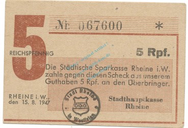 Rheine , Notgeld 5 Pfennig Schein unc-kfr. Schöne 0511 , Westfalen 1947 Notgeld 1945-48