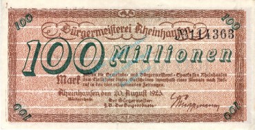 Rheinhausen , Banknote 100 Million Mark unc-kfr. Keller 4557.d , Rheinland 1923 Inflation