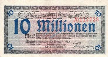 Rheinhausen , Banknote 10 Million Mark Schein gbr. Keller 4557.d , Rheinland 1923 Inflation
