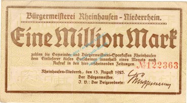Rheinhausen , Banknote 1 Million Mark Schein gbr. Keller 4557.b , Rheinland 1923 Inflation