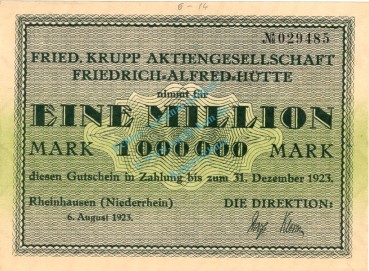 Rheinhausen , Banknote 1 Million Mark unc-kfr. Keller 4558.b , Rheinland 1923 Inflation