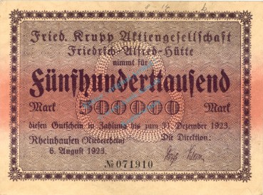 Rheinhausen , Banknote 500.000 Mark L-gbr. Keller 4558.b , Rheinland 1923 Inflation
